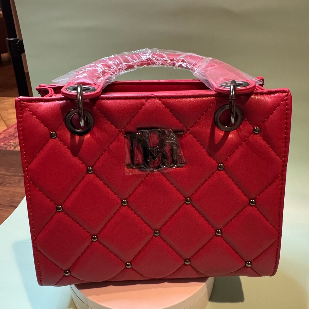 Badgley Mischka Red Quilted Satchel with Elegant Gunmetal Detailing